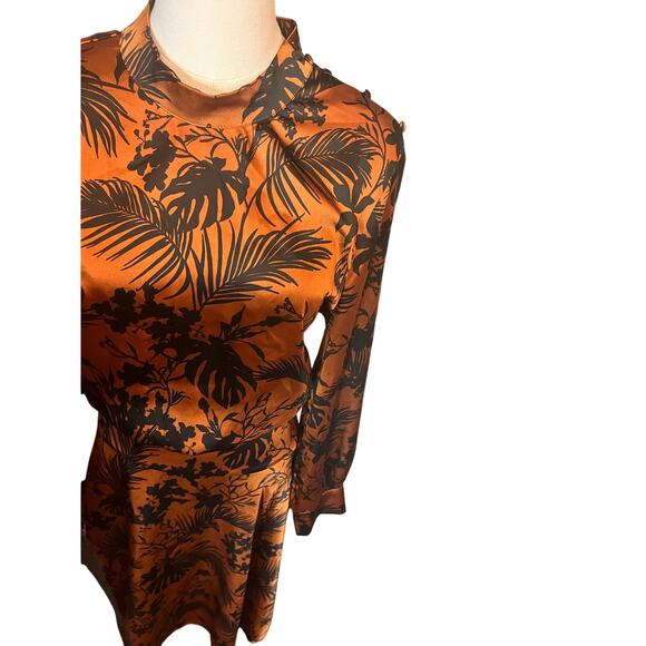 Future Collective Satin Mock Neck Midi Dress XL Brown Tropical Print Retro - Picture 9 of 11